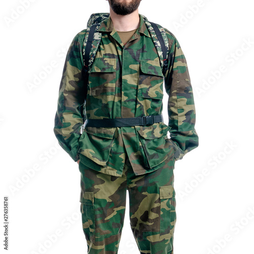 Man in military uniform, camouflage with backpack on white background isolation