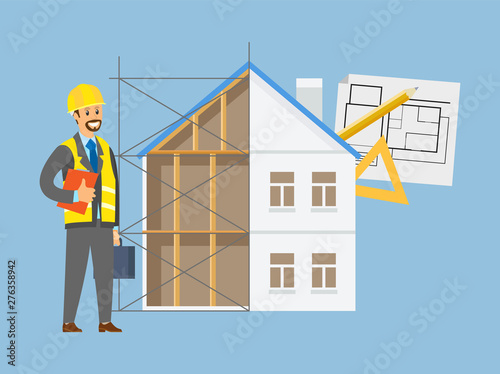 Worker portrait view wearing helmet, contractor character and building house, drawing construction on paper, engineering technology, tools on blue vector