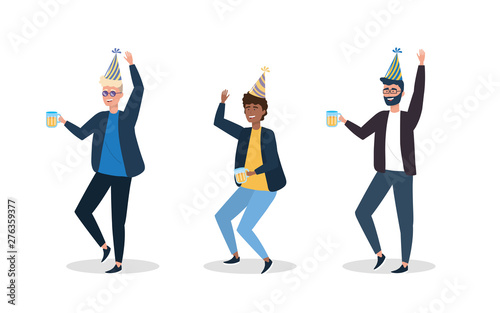 set of men dancing with party hat decoration