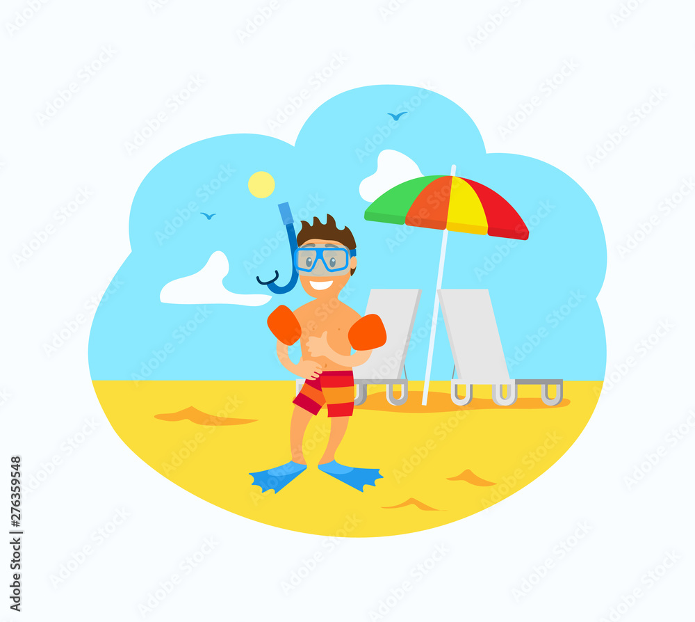 Boy on beach vector, summertime hobby of child, active relaxation in summer. Kid wearing equipment for snorkelling and diving underwater, flat style