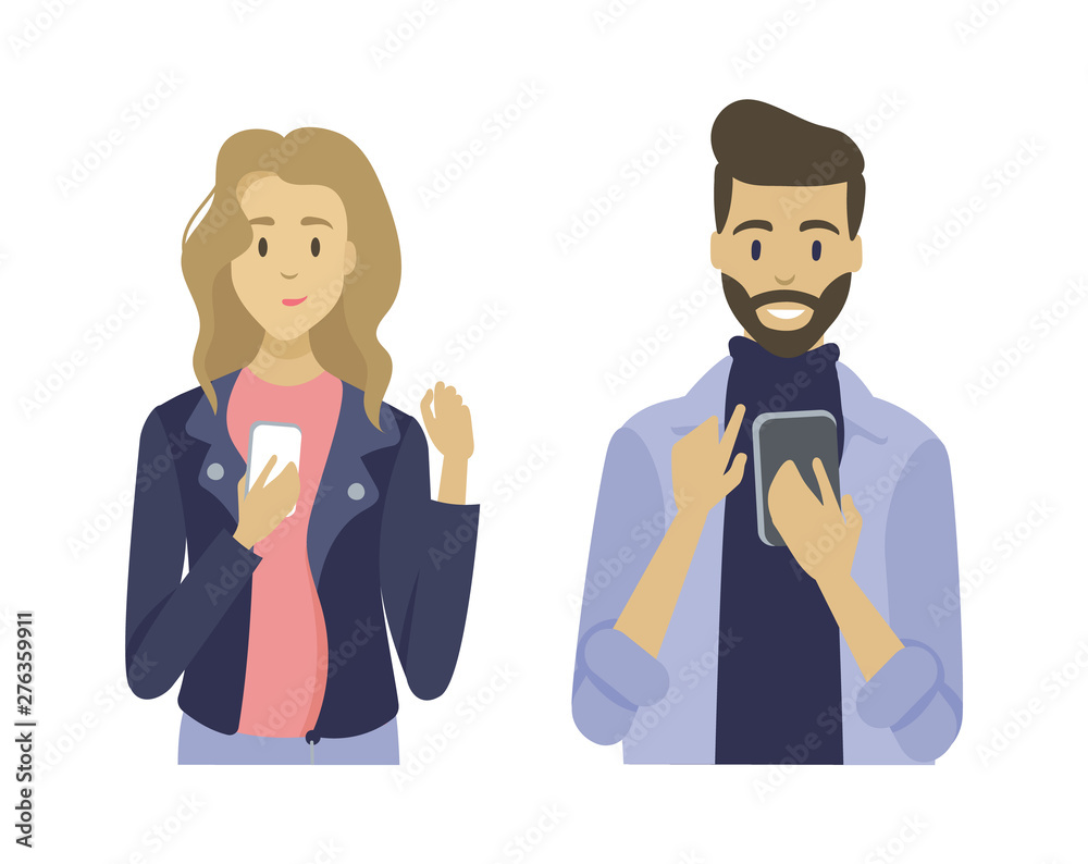 Man and woman using smartphone, person and wireless device, male and female holding phone, couple modern communication with device, screen vector Man and woman using smartphone, person and wireless device, male and female holding phone, couple modern communication with device, screen vector