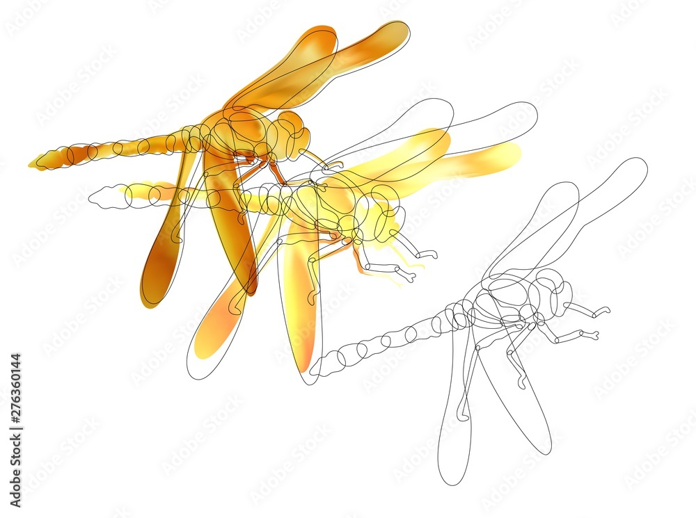 cartoon happy dragonfly neon light. Dragonfly on colorful blurred background.