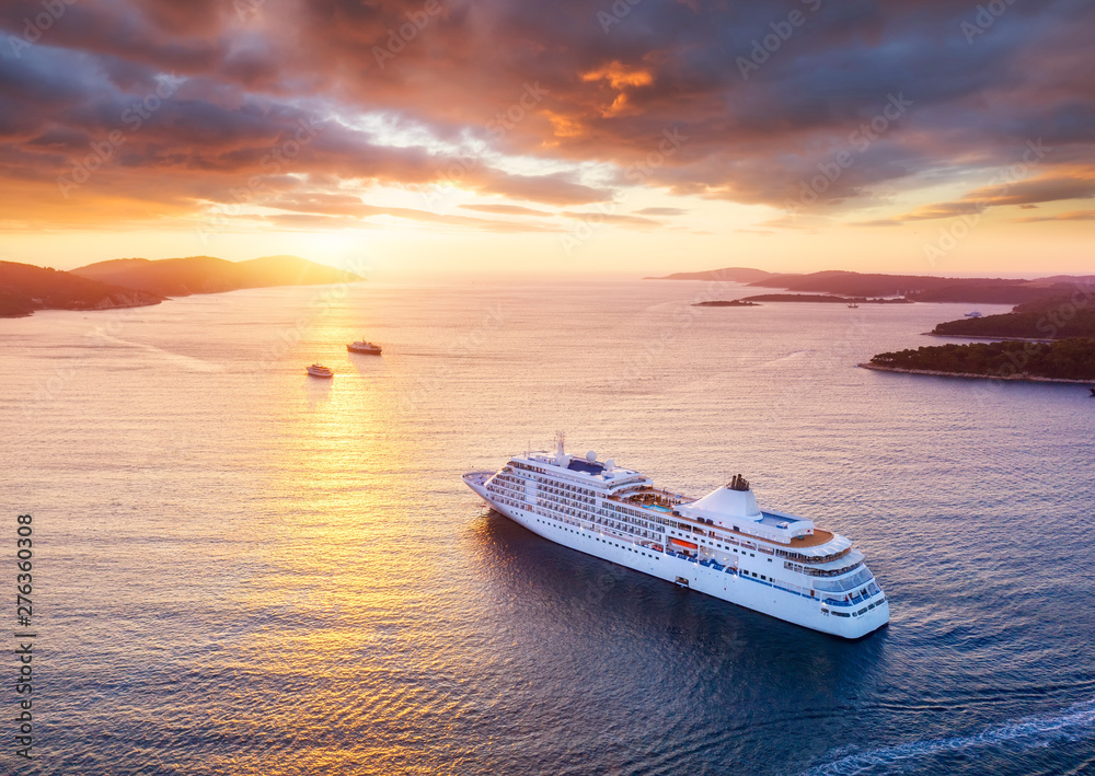 Croatia. Aerial view at the cruise ship during sunset. Adventure and travel. Landscape with cruise liner on Adriatic sea. Luxury cruise. Travel - image