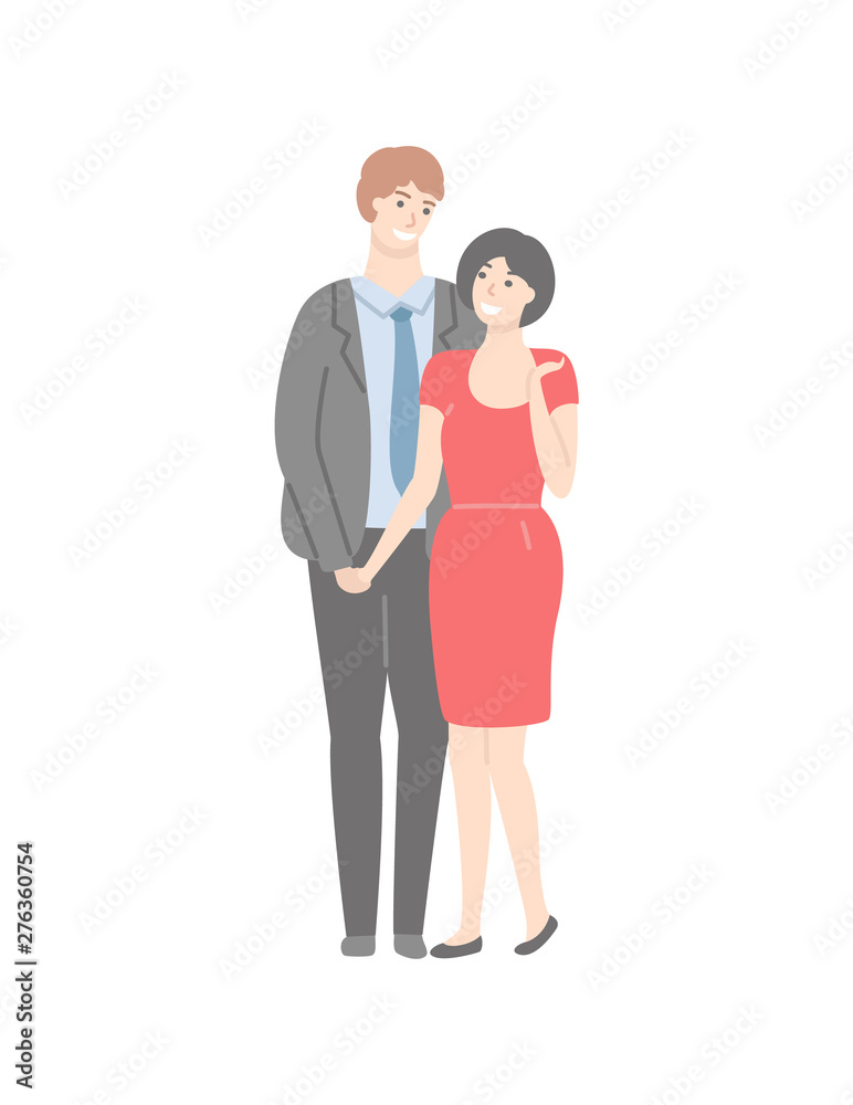 Adult couple, handsome man in suit and pretty woman in red dress isolated cartoon characters. Vector husband and wife, happy family, laughing people Adult couple, handsome man in suit and pretty woman in red dress isolated cartoon characters. Vector husband and wife, happy family, laughing people