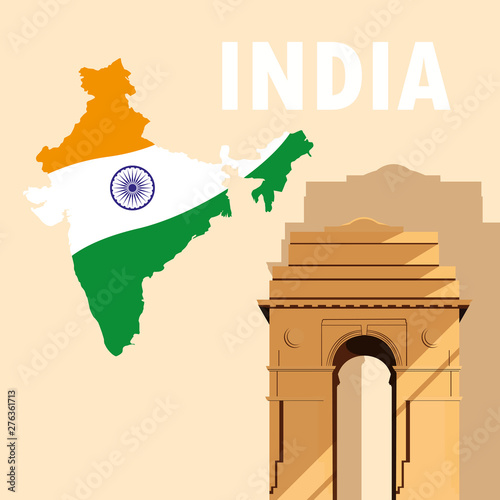 indian independence day poster with map flag and gate
