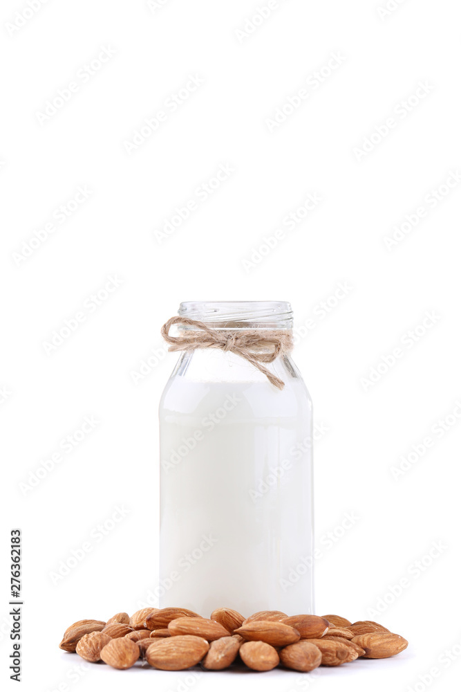 Almond milk in bottle isolated on white background Almond milk in bottle isolated on white background