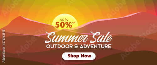outdoor and adventure catagory summer sale up to 50% with sunrise on the mountains sillhouette background web banner illustration