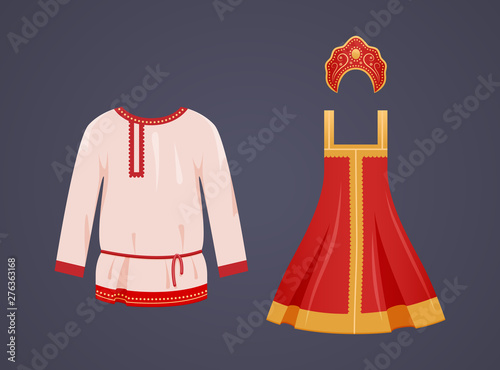 Traditional Russian national clothes are women's and mockup of men white shirt.