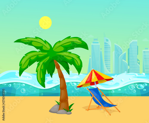 Summer tropical beach with palm trees lounger under