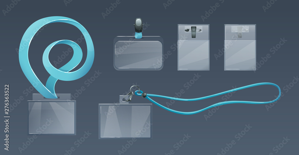 Plastic badge holders for employee IDs, on soft straps, laces. Stock