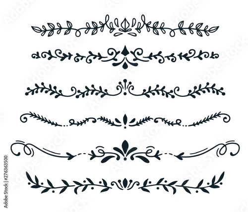 Hand drawn vector dividers. Lines, borders and laurels set. Doodle design elements.