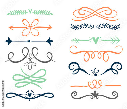 Hand drawn vector dividers. Lines, borders and laurels set. Doodle design elements.