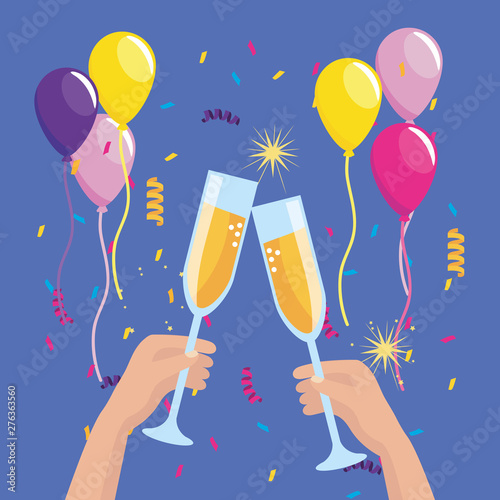 hands with champagne glass and balloons with confetti