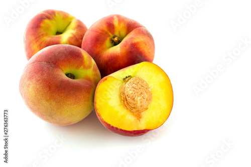 delicious peaches isolated on white background with shadow