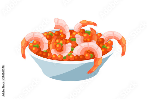 Tender shrimps in a bowl with caviar, greens and salad.