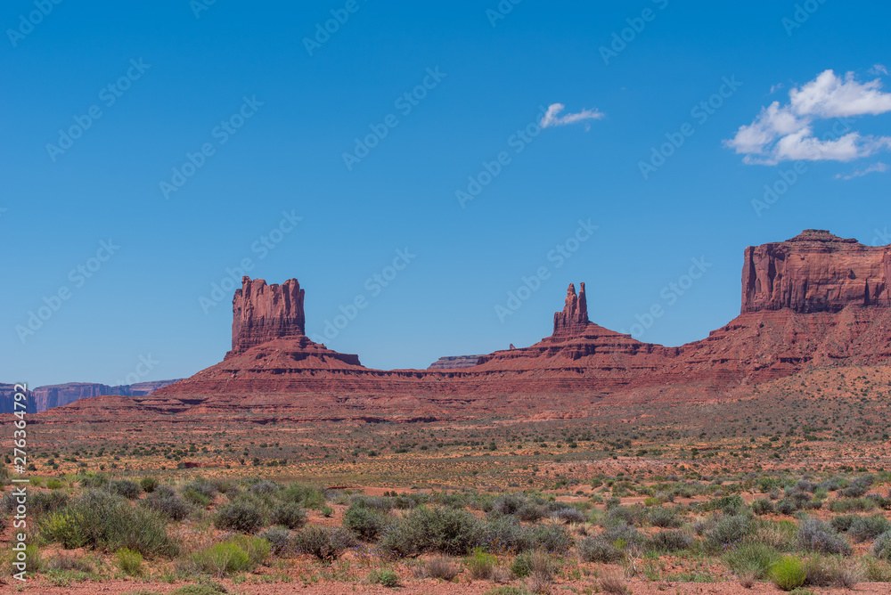 Landscape of red rock buttes or monoliths and desert greenery at Valley of the Gods in Utah