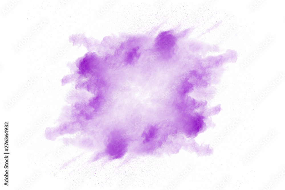 Explosion of violet dust on white background.