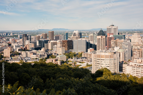 Montreal city skyline view from Mount Royal on a sunny summer afternoon in Quebec  Canada
