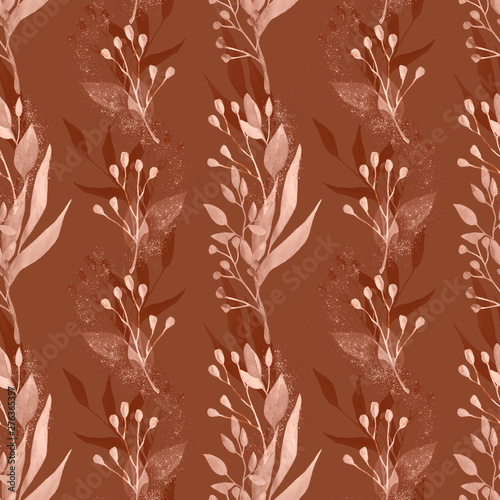 Herbal background. Seamless pattern with leaves and branches isolated on brown background