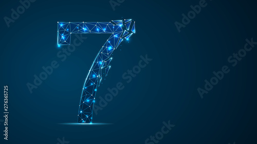 number seven 2D low poly abstract illustration consisting of points, lines, and shapes in the form of planets, stars and the universe. Raster digit 7 wireframe concept.