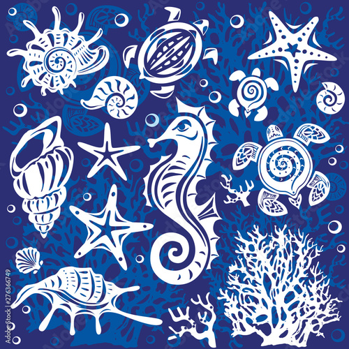 Set of decorative shells, Seahorse, turtles, Sea stars and corals