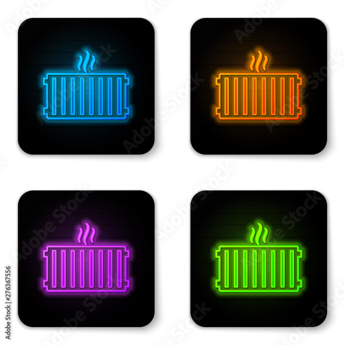 Glowing neon Heating radiator icon isolated on white background. Black square button. Vector Illustration