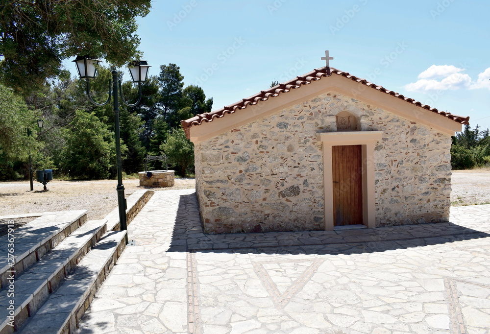 small Greek church on a mountain