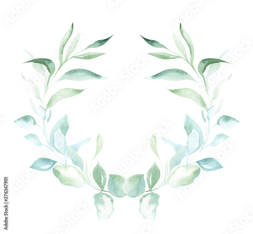 Illustration of watercolor drawing decorative elements of green plants and leaves in the form of frames on an isolated white background.