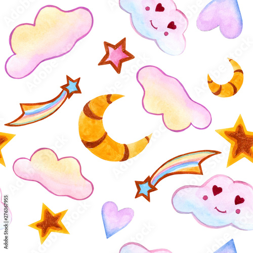 seamless design. clouds. watercolor. stars. comet. moon. hearts