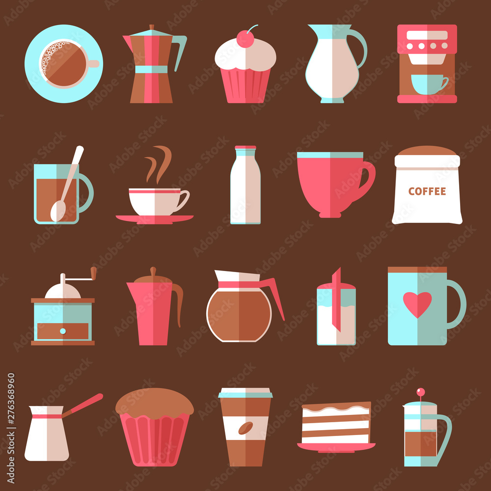 Coffee and dessert icons set in flat style