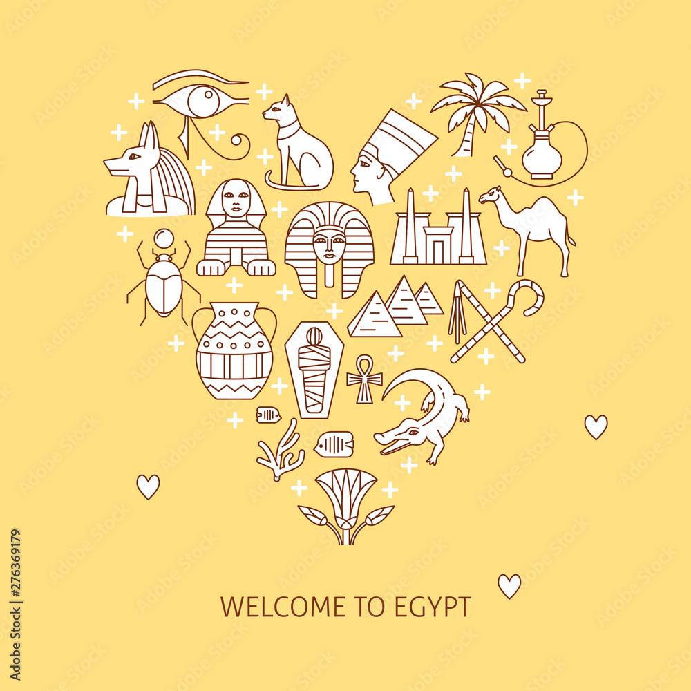Poster with Egypt symbols in line style