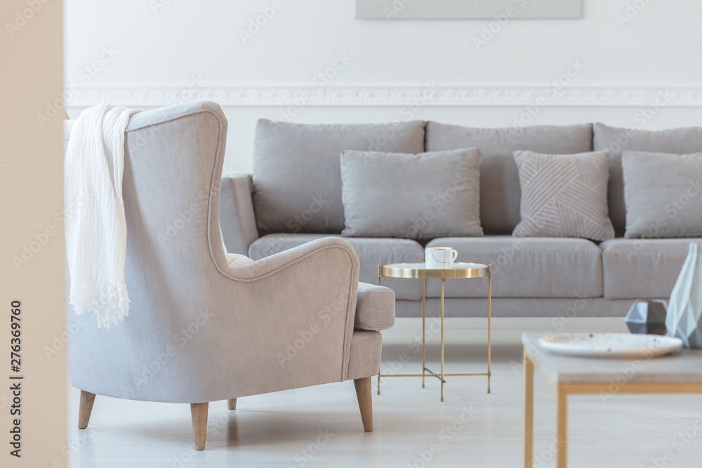 Simple grey couch in bright scandinavian living room interior Simple grey couch in bright scandinavian living room interior