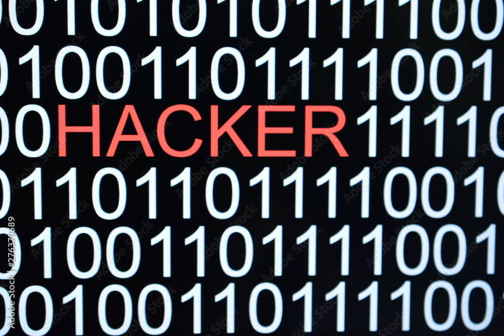 The binary code number background with HACKER word in red color The binary code number background with HACKER word in red color