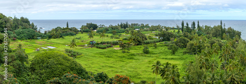 Seaside Village - A panoramic view of a tropical seaside village at Keanae Peninsula of east Maui, as seen from the Road to Hana Highway, on a cloudy afternoon. Hawaii, USA. photo