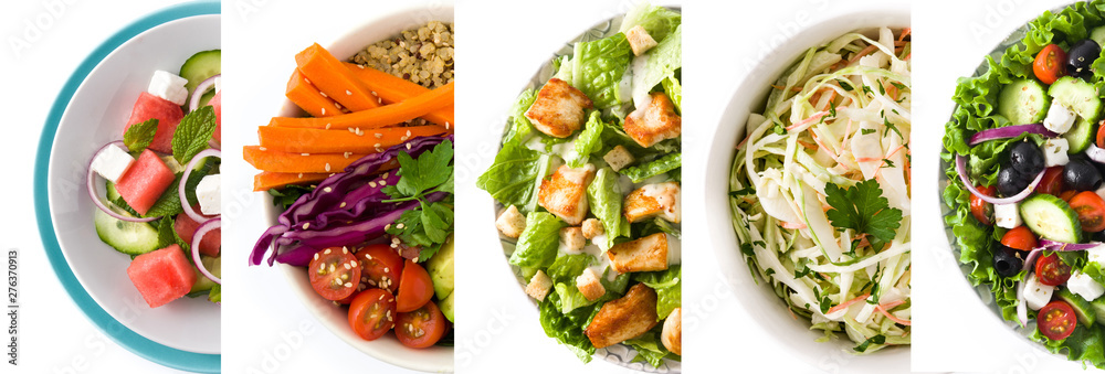 Collage of healthy salad. Greek salad, Pasta salad, Caesar salad, watermelon salad and Buddha bowl	