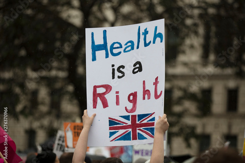 Canvas Print A protestor holds a political banner with health is a human right message
