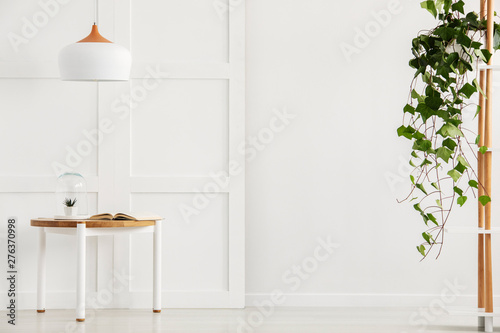 Modern white corridor with simple table and lamp