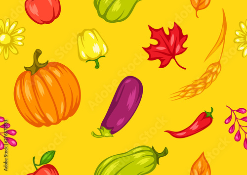Harvest seamless pattern with fruits and vegetables.
