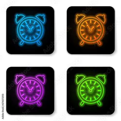 Glowing neon Alarm clock icon isolated on white background. Wake up, get up concept. Time sign. Black square button. Vector Illustration