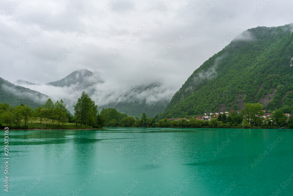 Isonzo River in Most na Soci on a rainy day, Slovenia 