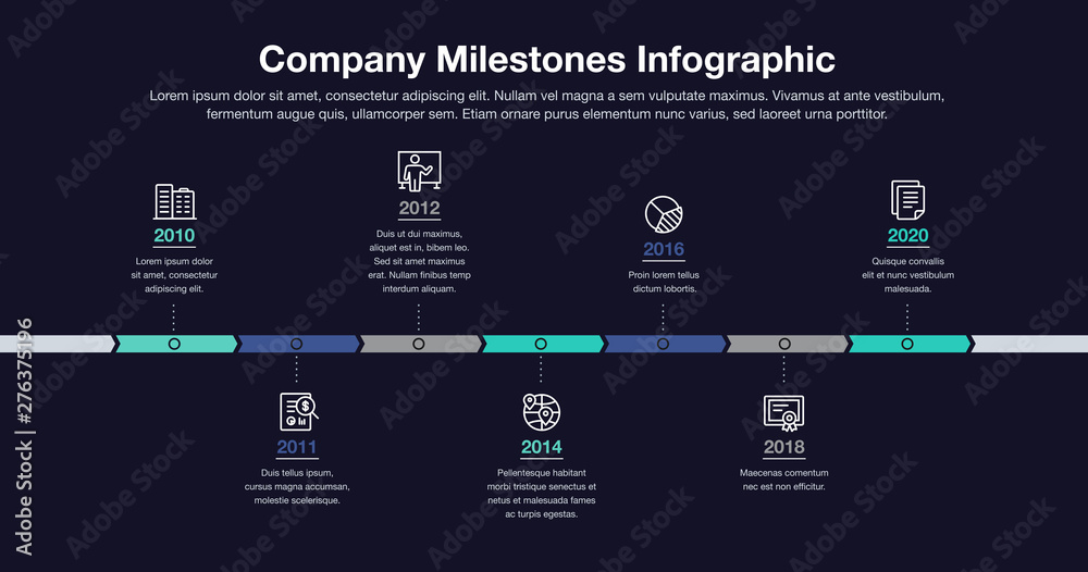 Business infographic for company milestones timeline template with line icons - dark version. Easy to use for your website or presentation. Business infographic for company milestones timeline template with line icons - dark version. Easy to use for your website or presentation.