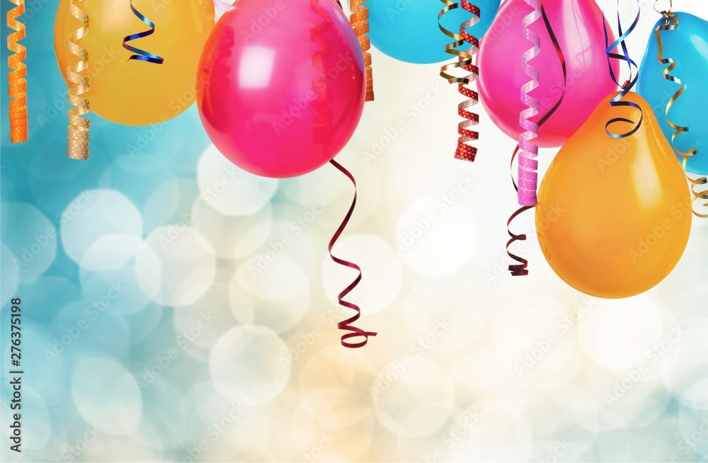 Bunch of colorful balloons on bokeh background - obrazy, fototapety, plakaty 