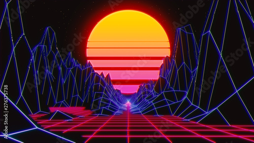 retro radial sun rising abstract with a background  neon   3d prescriptive bridge or  grid render - Illustration photo