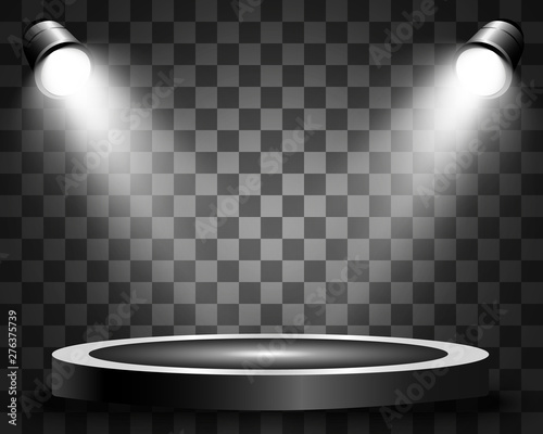 Podium with a spotlight on a dark background, first place, fame and popularity. Vector illustration. Realistic podium illuminated by spotlights.