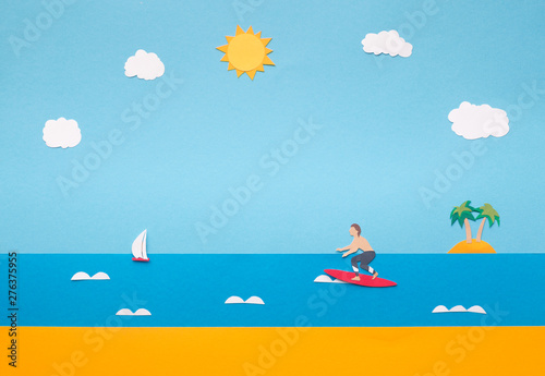 Creative wallpaper with surfer in ocean waves under the sun