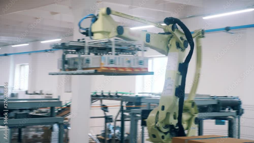 Gripping machine moves boxes from a factory conveyor. Gripping machine moves boxes from a factory conveyor.