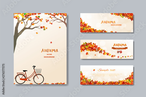 Collection of nature autumn sale banner with colorful leaves,fall poster background for advertising,website,flyer,template,promotion,voucher discount or online shopping