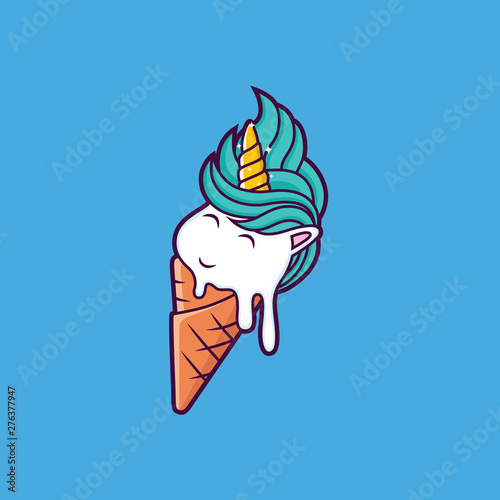 Cute unicorn on ice cream cone in cartoon style