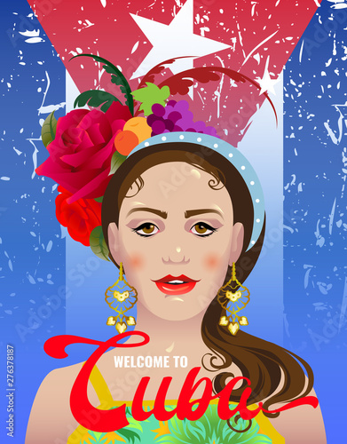 Classic cubano dance poster design. Cuban young girl with flower in hair in cartoon style.