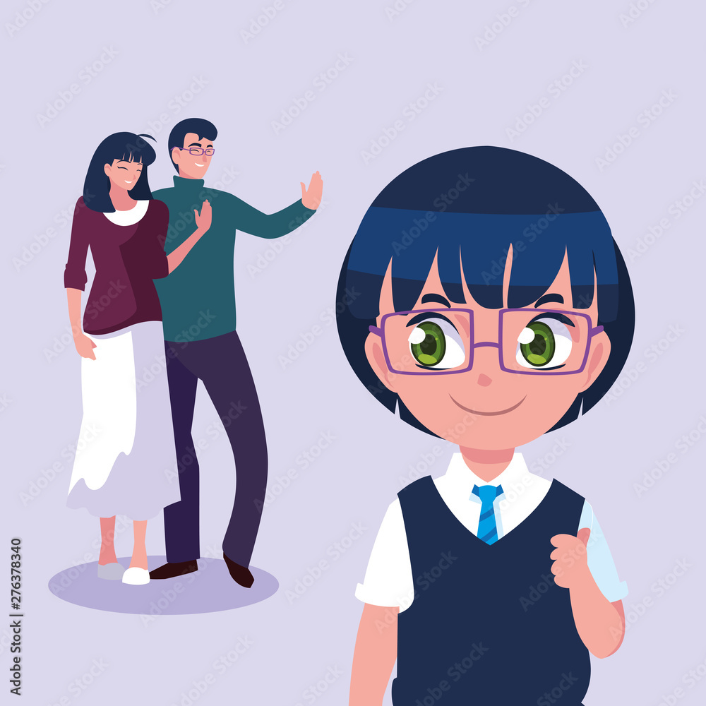 cute little student boy and schoolbag with parents cute little student boy and schoolbag with parents